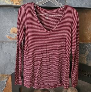 American Eagle Soft and Sexy Slub Red White Striped V Neck Long Sleeve Top xs